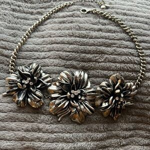 Fossil Brand Floral Silver Necklace with Clear Gems